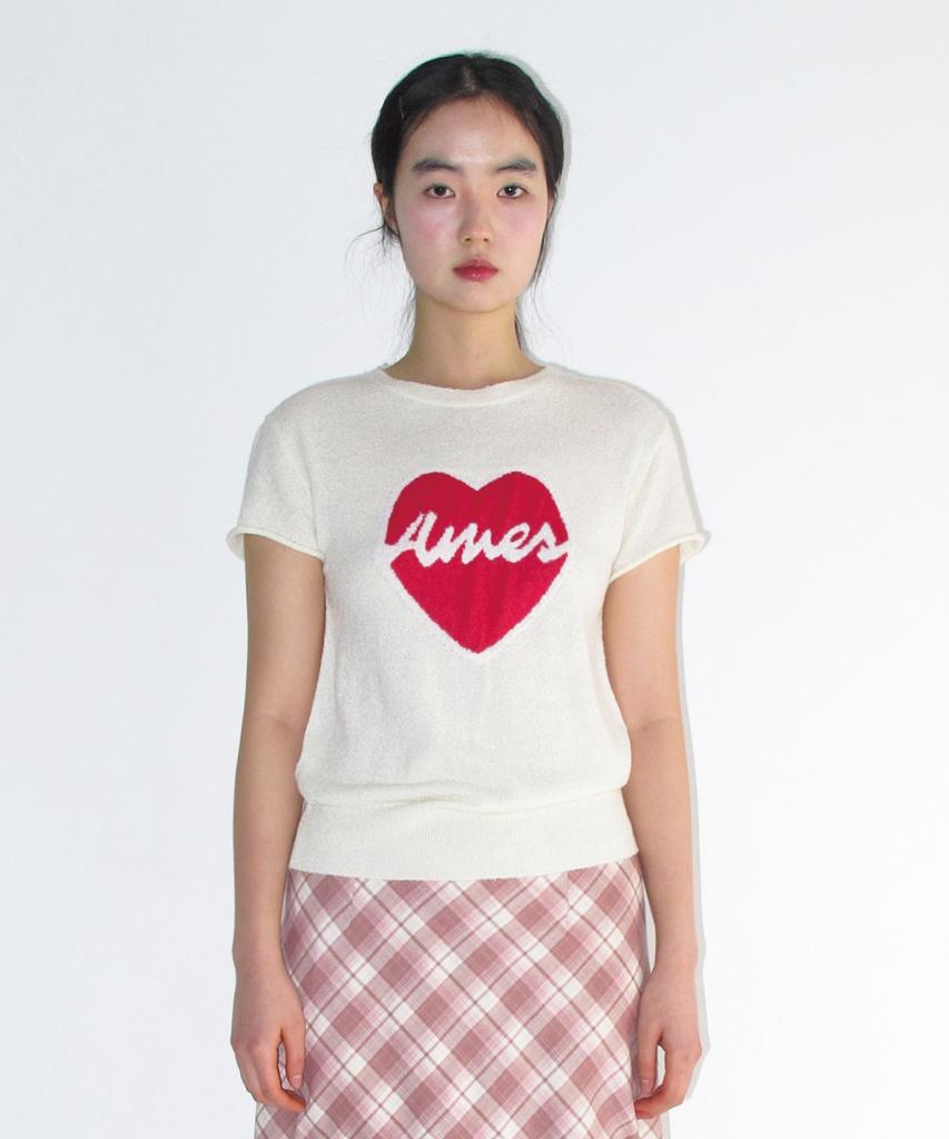AMES-WORLDWIDE Heart Short Sleeve Knit Cream