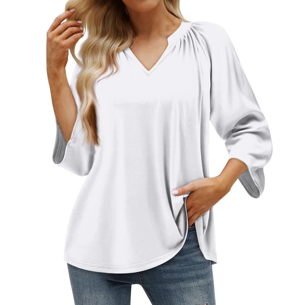 Women's Summer Casual 3/4 Sleeve T-Shirt Solid V Neck Pullover Top