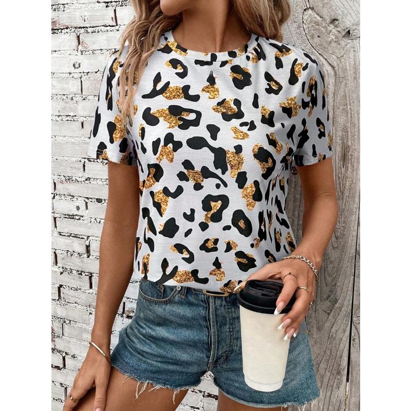Летняя леопардовая футболка женская с V-образным вырезом повседневная с коротким рукавом модная леопардовая одежда свободного покроя для женщин