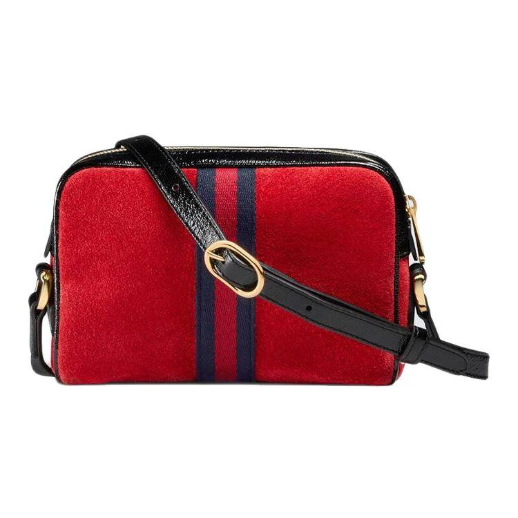Gucci Ophidia Stripe Web Suede Patent Trim Camera Bag Women Shoulder Bag Red Black 517350-0KCDG-8670