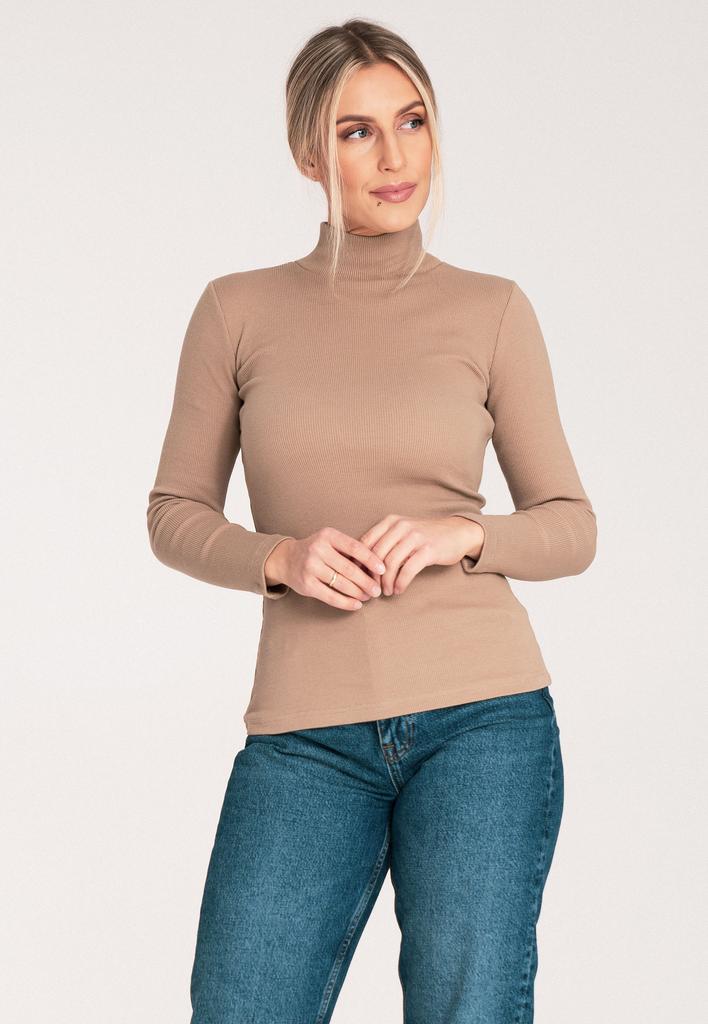 Dopasowana Bluzka Z Golfem - Cienki Golf Damski - M1058 Beżowy Rozmiar S
