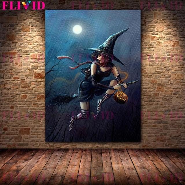 Ведьма и ее кот Настенная картина маслом «Тыквенная ведьма в дождливую ночь» Украшение гостиной