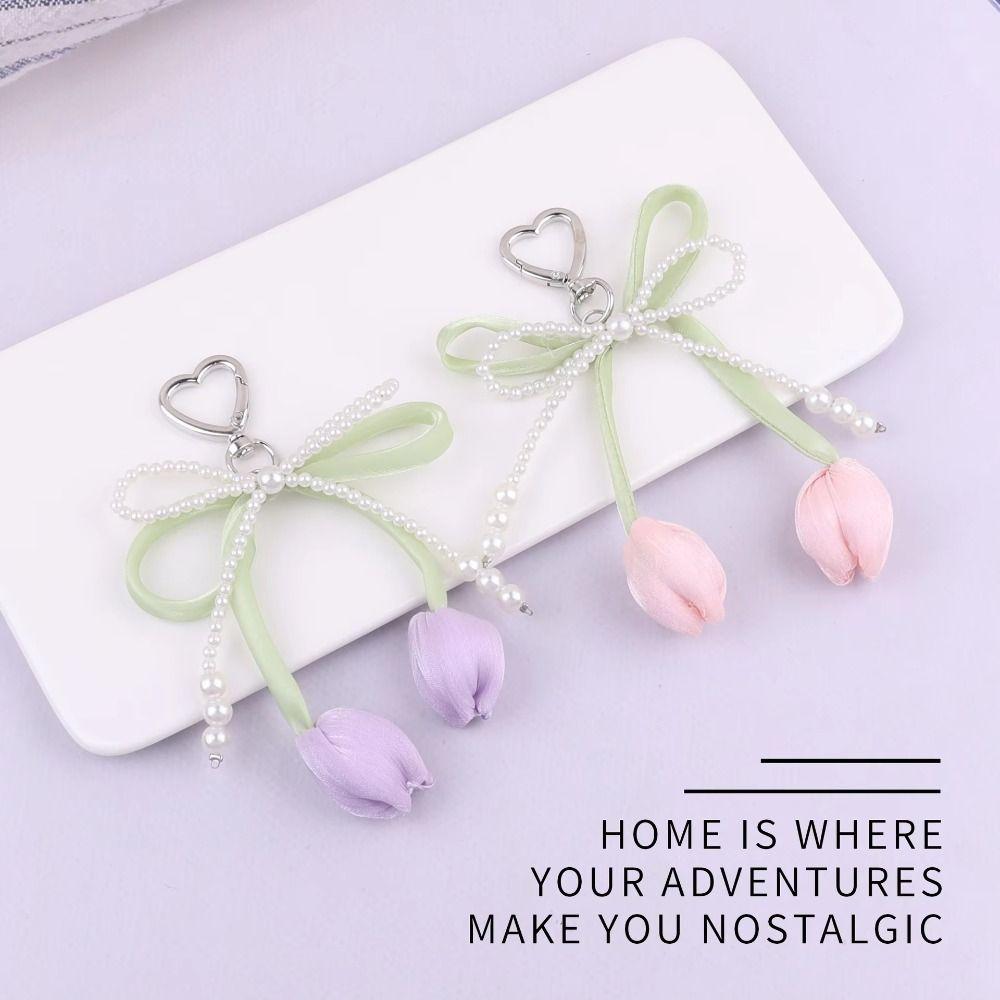 Handmade Tulip Pendant Cartoon Heart Bag Charm Cute Pearl Tulip Keychain Car Accessory