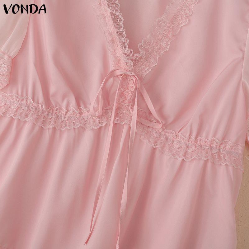 VONDA Женские повседневные блузки с V-образным вырезом, коротким рукавом, кружевной отделкой по подолу, прозрачными вставками