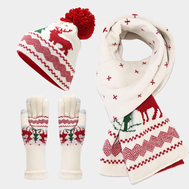 Christmas Deer Pattern Knit Headwear Scarf Gloves Collection With Acrylic Material For Cold Season