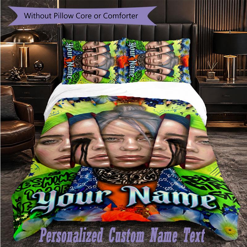 Personalized 3Pcs Bedding SetBillie Eilish Custom Text Duvet Cover Pillowcase Set Bedroom Gift