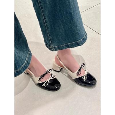 Туфли балетки с бантом, круглый носок, толстый каблук, Мэри Джейн, одинарные туфли, женские сандалии с открытым носком