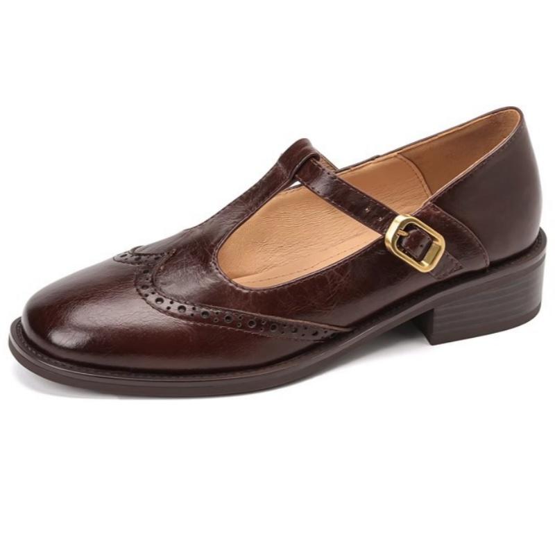 Fashion British Style T-strap Mid Heels Loafers Carving Leather Women's Shoes 2025 High Quality Round Toe Comfortable Soft Ladies Shoes