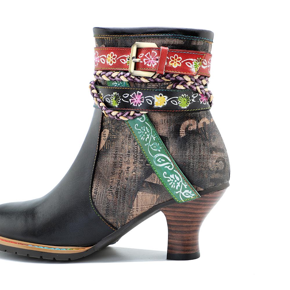 Johnature Женские короткие сапоги из натуральной кожи, тканый ремень с пряжкой в ​​стиле ретро, ​​модная женская обувь на высоком каблуке