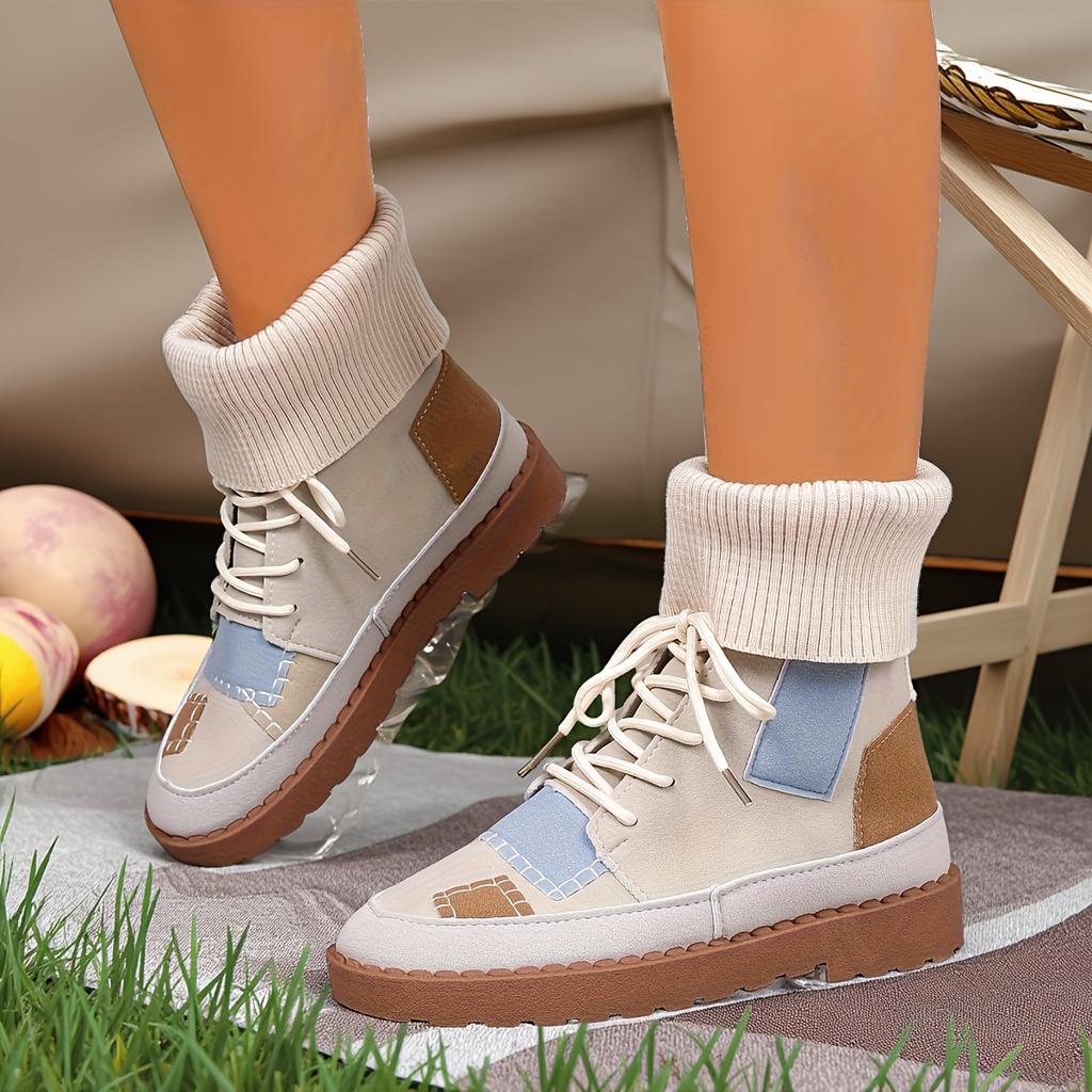 Beige & Blue Plaid Chunky Low Heel Lace-Up Ankle To Mid-Calf Booties - Round Toe Casual Winter with Sole & Fabric Upper