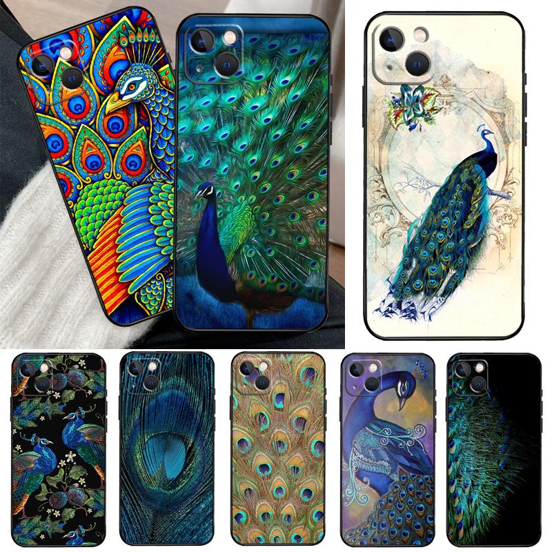 Bird Peacock Feather Phone Case For iPhone 13 14 15 16 Pro Max 11 12 XS XR X Plus Shockproof Bumper Soft Cover