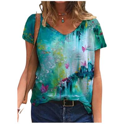 Модные весенние блузки с принтом масляной живописи, футболки с коротким рукавом и V-образным вырезом, повседневные