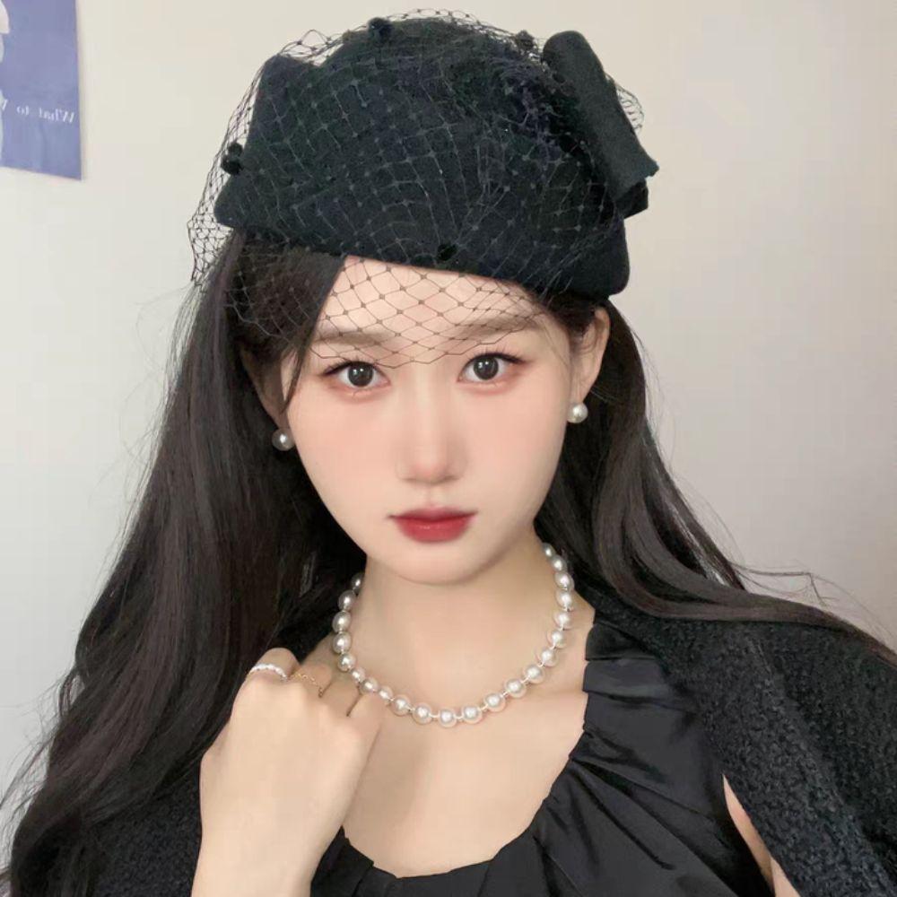 Элегантная Шляпка-таблетка Британский Стиль Шляпа Стюардессы Модная Шерстяная Шляпа с Бантом и Вуалью Ужин