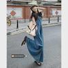 Hong Kong Style Retro Denim A-Line Overall Dress with Fur Trim - Blue