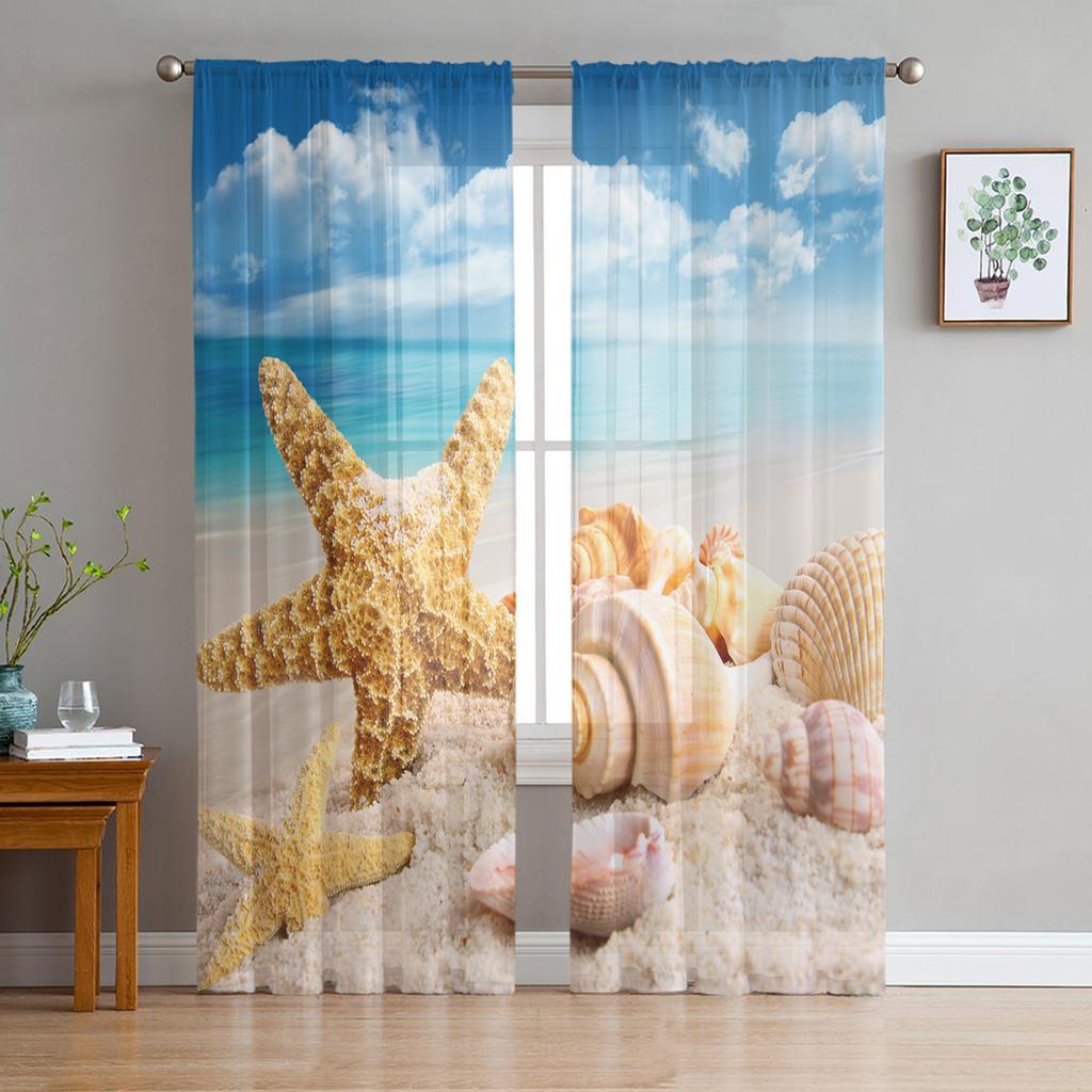 Beach Sky Clouds Coconut Trees Sea Landscape Curtains Tulle For Living Room Bedroom Kitchen Chiffon Sheer Window Treatment Decor