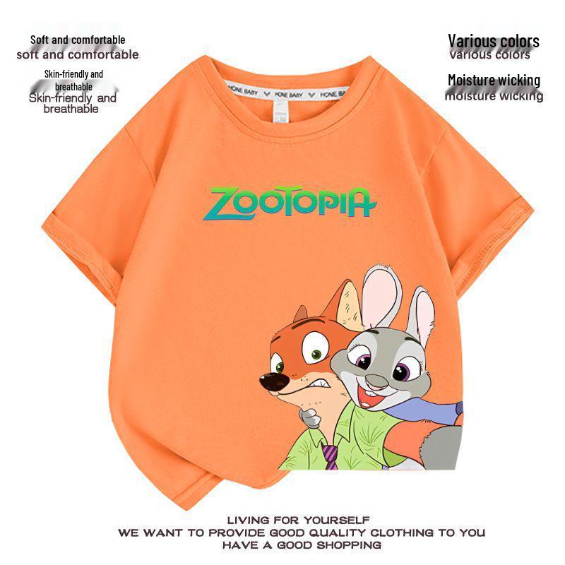 Детская футболка Zootopia с мультяшным принтом - Короткий рукав, 100% хлопок, Стильный летний топ для мальчиков и девочек