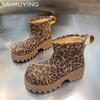 Леопардовые зимние ботильоны женские на платформе замшевые теплые туфли женские 2025 тренд зимние брендовые короткие плюшевые мотоциклетные ботинки Botas De Mujer