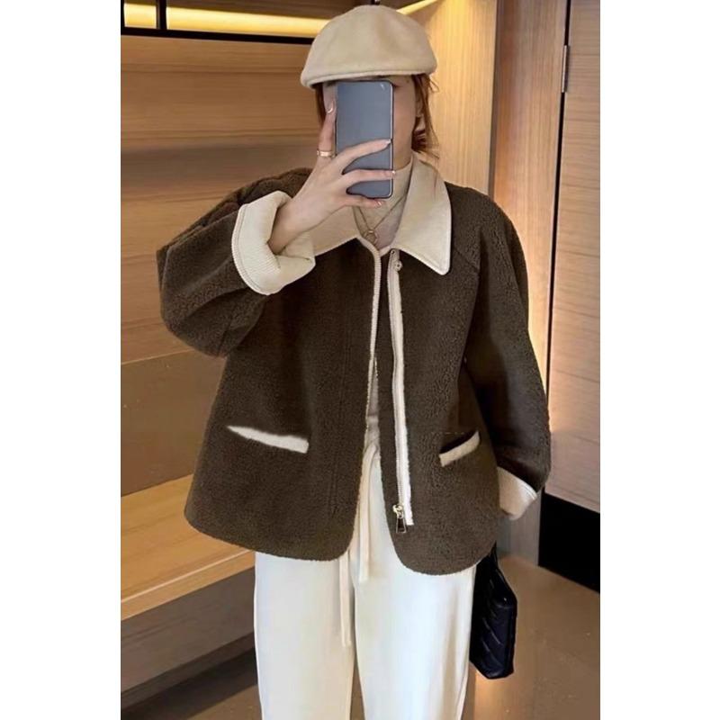 Контрастное пальто из искусственной овчины с лацканами, осенне-зимнее, свободного кроя, на молнии, с длинными рукавами, повседневный модный топ