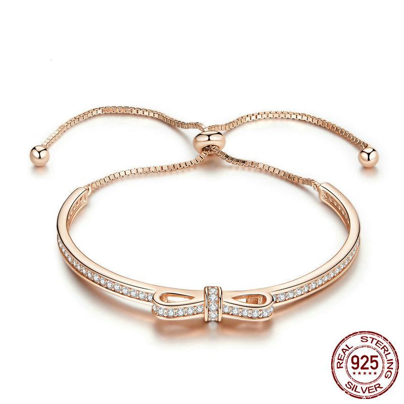 New Sweet Bow S925 Sterling Silver Bracelet Fashionable Rose Gold Plated Fashionable Silver Bracelet