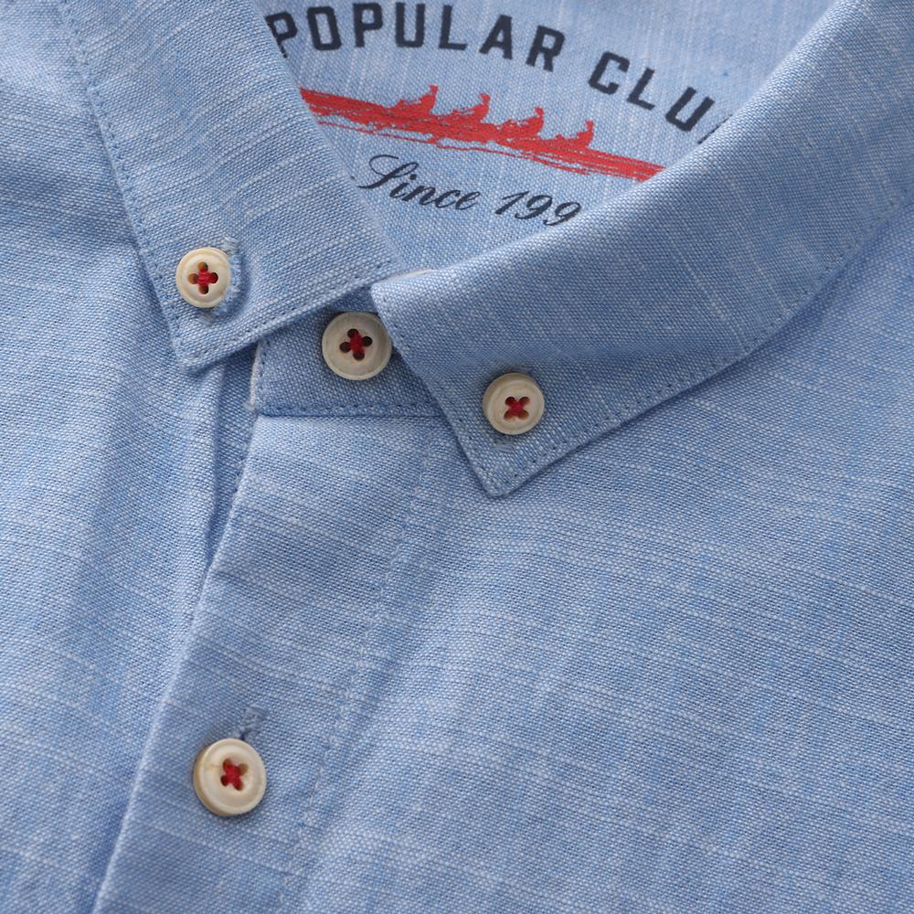 Мужская приталенная повседневная рубашка с длинным рукавом - Дышащая мягкая смесь хлопка и льна для весны/лета, воротник на пуговицах с левым нагрудным карманом