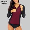 Women Long Sleeve Front Zipper Rashguard Shirt Swimsuit Patchwork Swimwear Shirt Rash Guard UPF50+