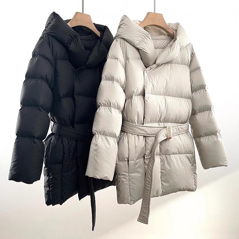 Winter Hooded Women's Down Jackets Warm Casual Coat Puffer Jacket Belt Elegant Parka Overcoat
