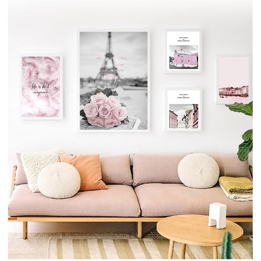 Room Girls Bedroom Wall Art Prints Fashion Home Decor Pink Flower Posters Paris Tower Picture Nordic Canvas Painting for Living