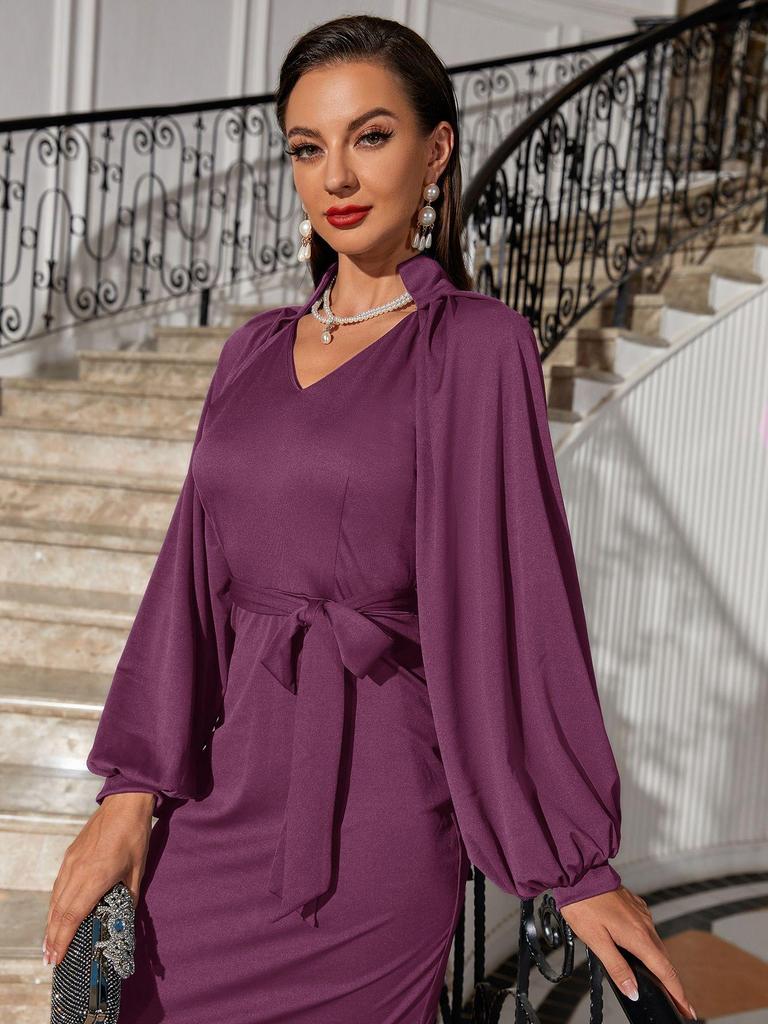 Элегантное облегающее платье с V-образным вырезом и рукавами-фонариками 2025 - Женская трансграничная мода