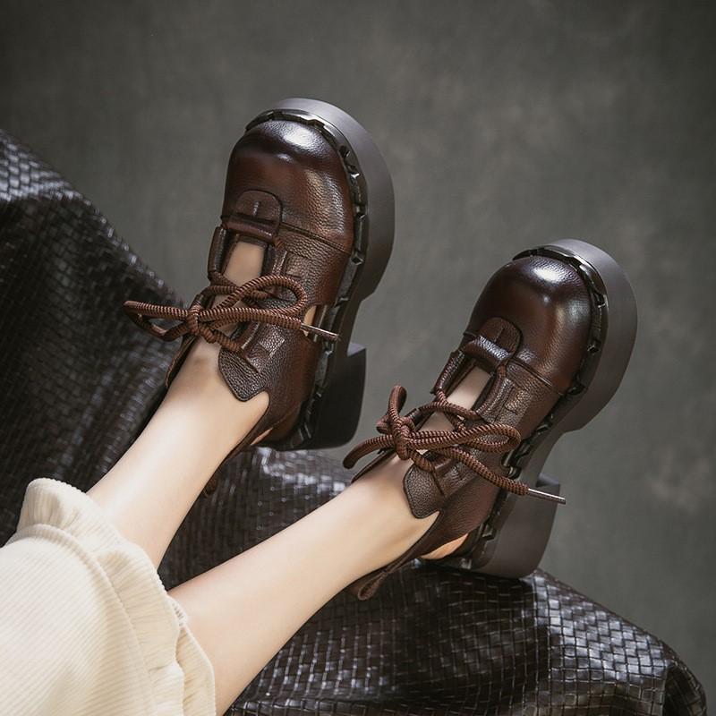 Johnature Ретро Сандалии из Натуральной Кожи с Вырезами Круглый Носок На Шнуровке Толстая Подошва Женская Обувь