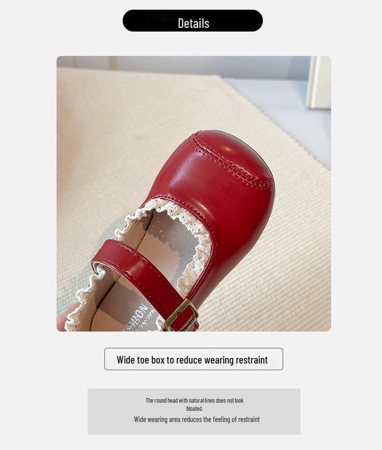 Весна 2026 Детские кожаные туфли Мэри Джейн с кружевной отделкой - Нескользящие, Мягкая подошва, Туфли для маленьких принцесс