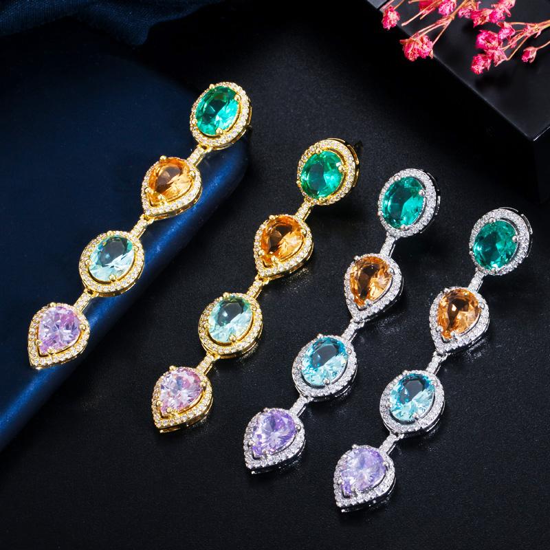 WWJ Благородные многоцветные серьги с цирконием в виде слезинок с подвесками