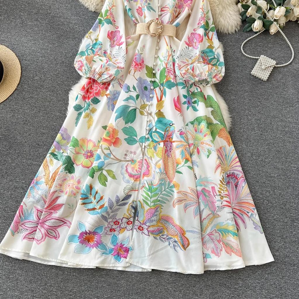 Plus Size Elegant Floral Print Holiday Beach Long Maxi Robe Dresses Women Spring Summer Stand Lantern Sleeve Sashes Robes