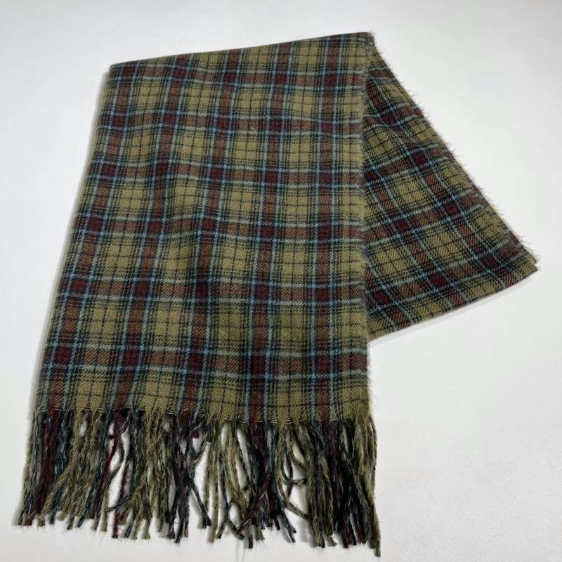 Autumn Winter Women's Retro Green Plaid Scarf Versatile Stylish High-End Warm Shawl Neck Warmer Korean Style