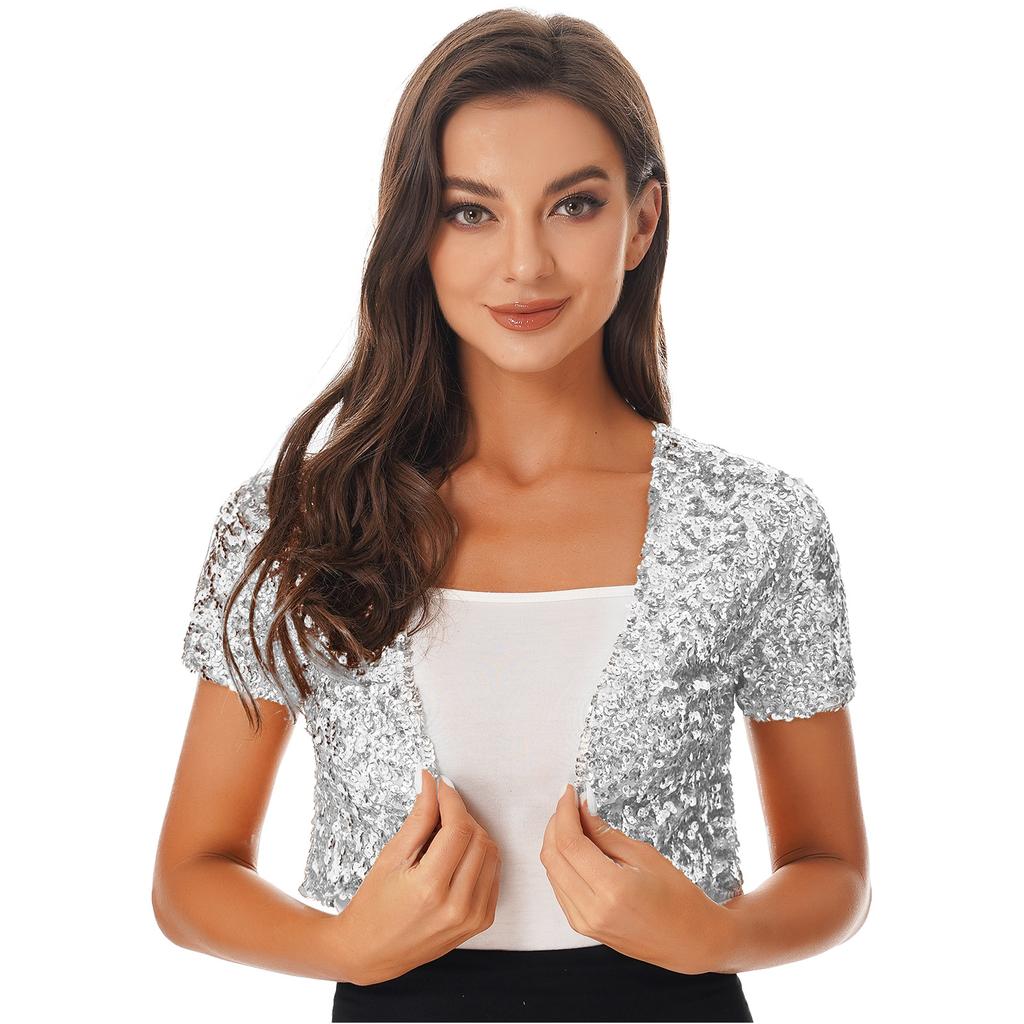 Womens Glitter Sequin Cropped Waistcoat Jacket Cardigan Coat Shiny Outwear Stage Performance Costume