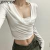 BITCED Spring Women's Solid-Color Slim-Fit Crop Top Fashion V-Neck Hooded Long-Sleeve Sun Protection Shirt