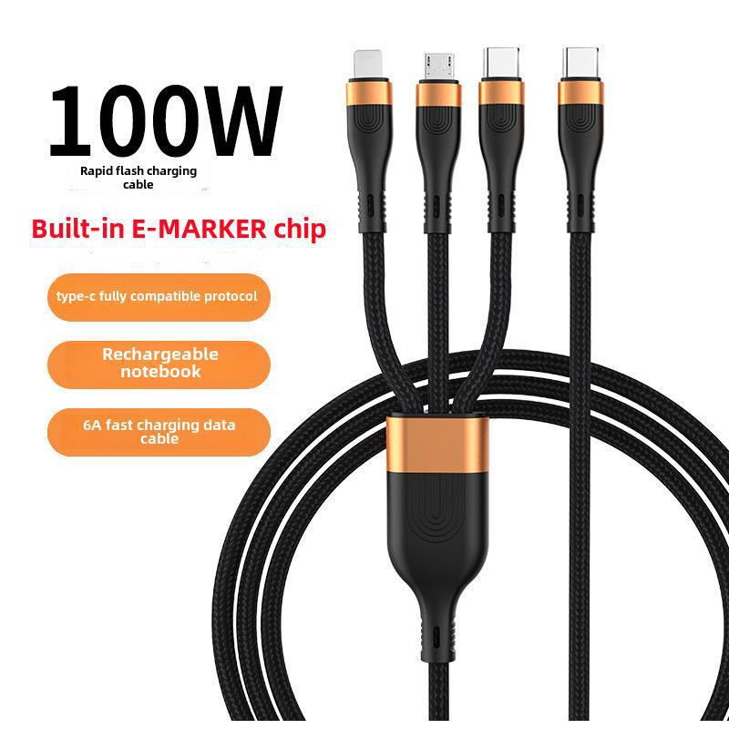 Кабель для передачи данных 6A 3-в-1, сверхбыстрая зарядка 100 Вт для Apple, Android, Type-C и ноутбуков с функцией быстрой зарядки PD