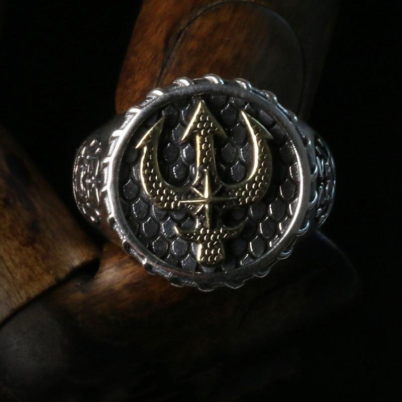 Men's Ring Domineering European and American Ins Trident Neptune Color Gift for Boyfriend and Lover