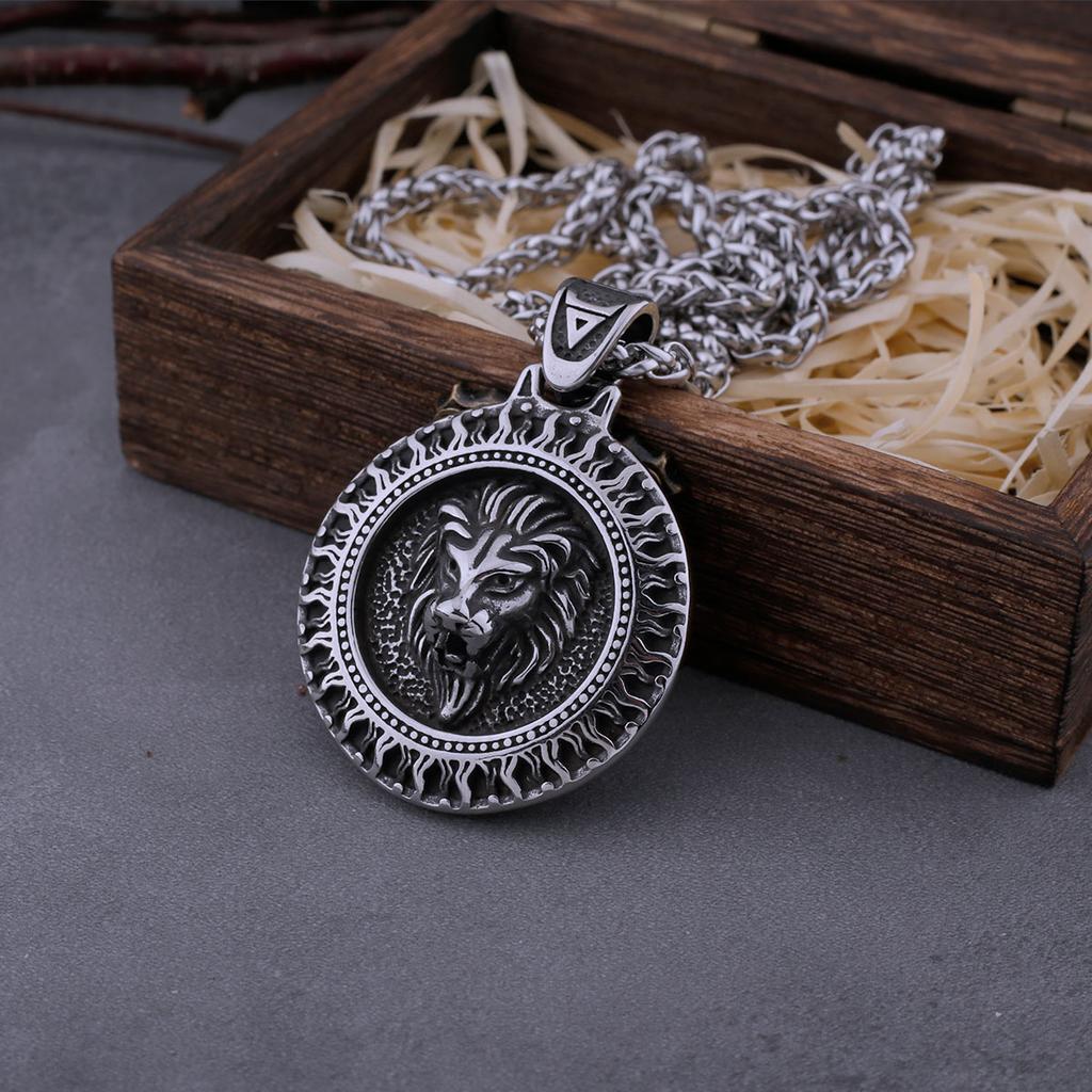 Ожерелье с подвеской в ​​виде головы льва из нержавеющей стали, скандинавский амулет с рунами, ретро-ювелирные изделия в стиле панк, подарок для парня, оптовая продажа