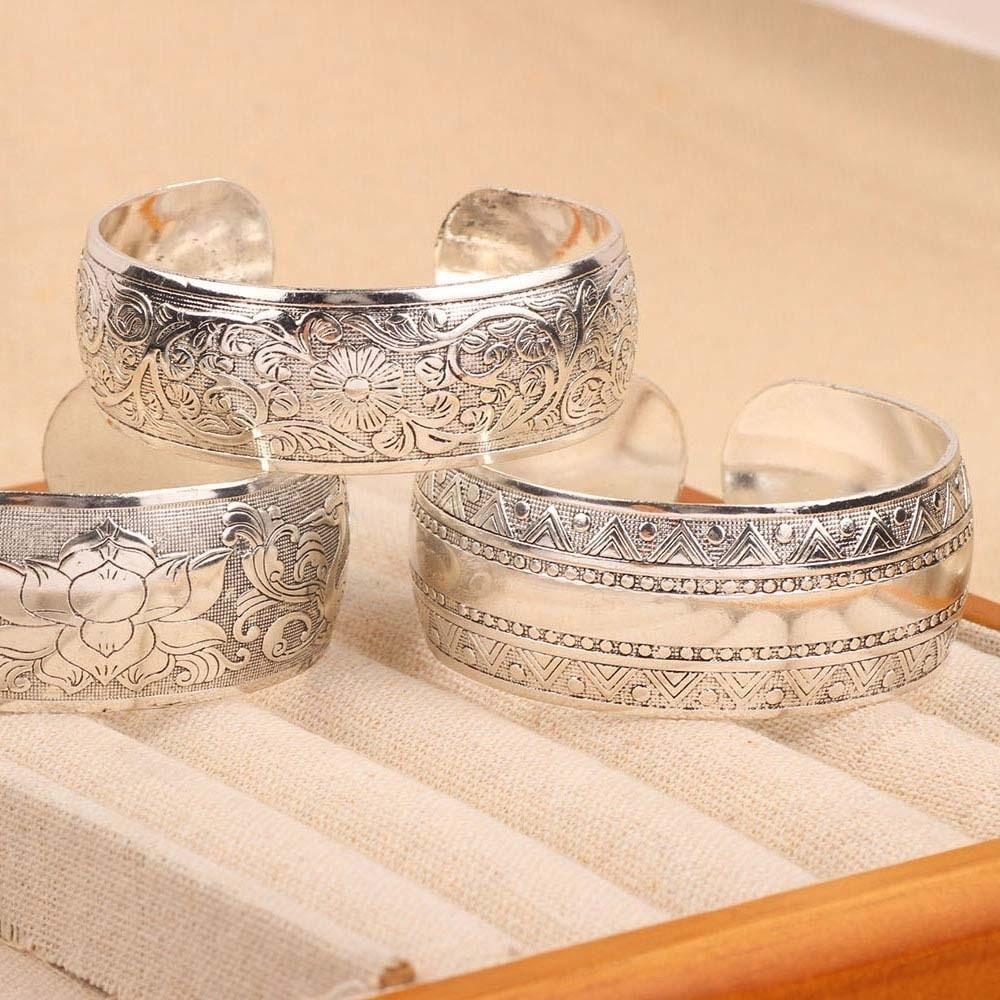 Vintage Carved Wide Bracelet Lotus Thai Wrist Jewelry Classical Silver Opening Bangle  Girls