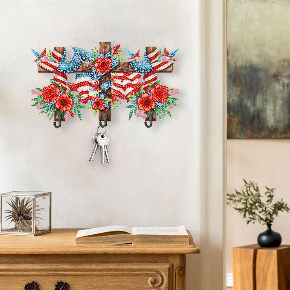 Wooden Flag & Flower Diamond Art Hanging Hooks Rhinestone Painting Coat Hook 3 Hooks Diamond Painting Hook Rail DIY Crafts Decor