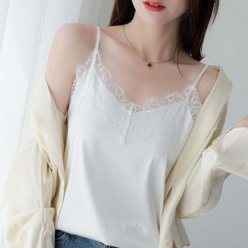 Casual Elegant And Youth Blouse For Women Fashion Lace Sexy Silk Top Summer Chic Solid Shirt V Neck Backless Satin Camis 25451