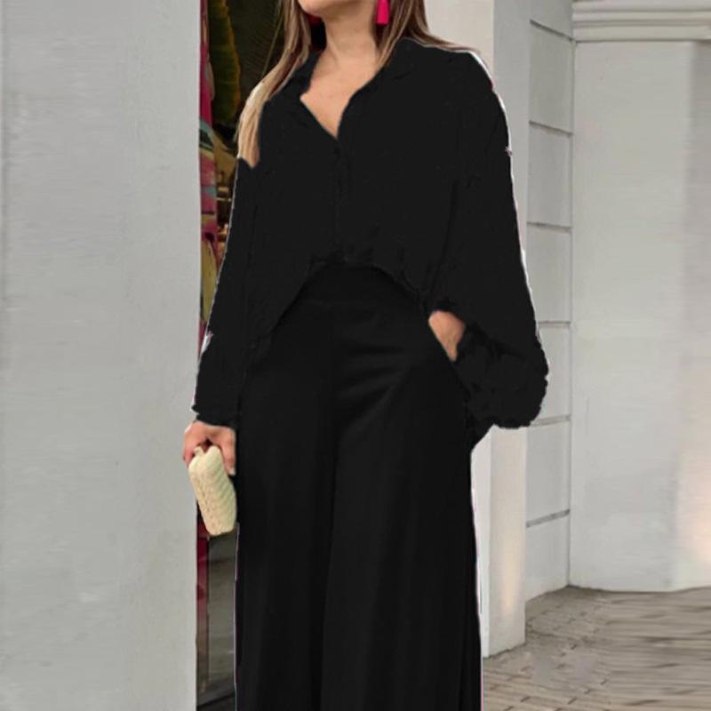 Европейский и американский женский новый повседневный костюм с принтом, свободная большая рубашка-поло с высокой талией, широкие брюки, комплект из 2 предметов