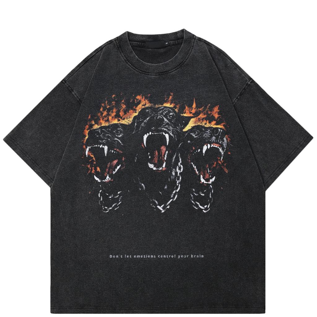 Streetwear Vicious Dog Unisex Cotton Washed Black Tshirt Tops Tees Summer Short Sleeves T Shirt