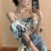 Elegant Slash Neck Slim Shirt Female Clothing French Style Short Sleeve Summer Vintage Printed Sexy Off Shoulder Short Blouse