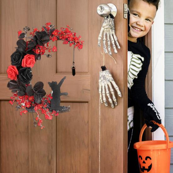 Хэллоуинский венок «Лунный кот» для входной двери, венок в виде полумесяца, табличка с искусственными цветами роз для готического домашнего декора