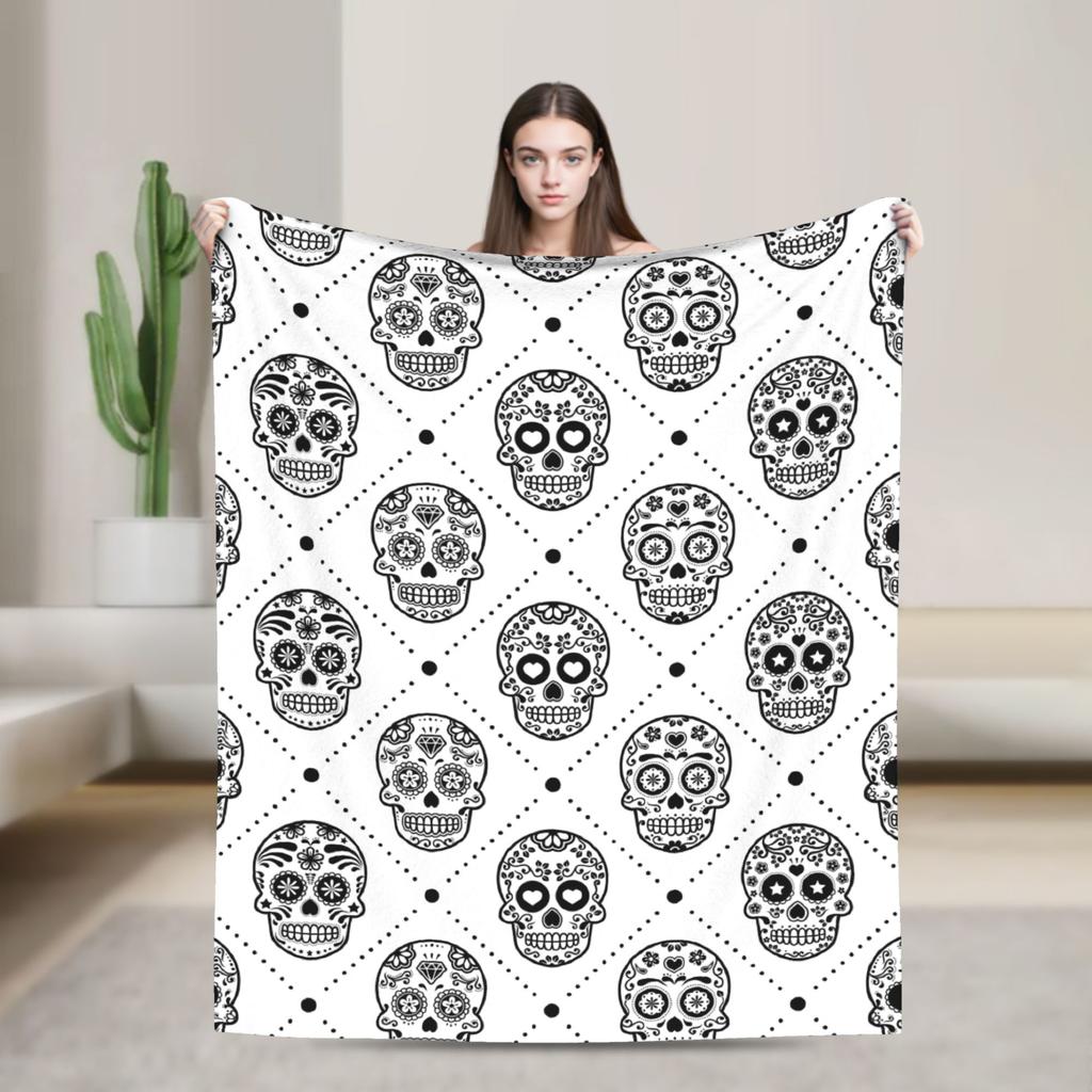 Sugar Skull Day of the Dead Blankets Gothic Mexican Skeleton Halloween Flannel Funny Warm Throw Blankets for Home Spring/Autumn