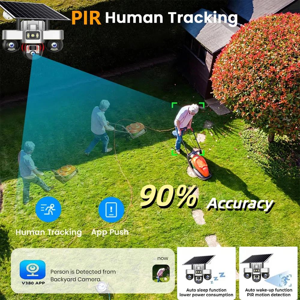 Солнечная камера V380 PRO 4G 15 Мп 3 PTZ-объектива Детекция человека 3 экрана Наблюдение Безопасность Ночное видение Водонепроницаемая CCTV Защита