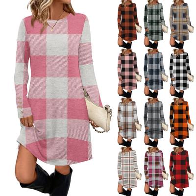 Женское модное повседневное платье с карманом, декоративными пуговицами, круглым вырезом и длинными рукавами