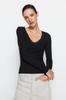 Women's Fashion New Blouse Black V-Neck Lace Detailed Ribbed Fitted Cotton Stretchy Knitted Blouse