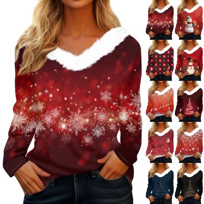 Рубашки с длинным рукавом для женщин Милые топы Рождественские принты Футболки Блузки Повседневные топы больших размеров Базовые топы Пуловеры